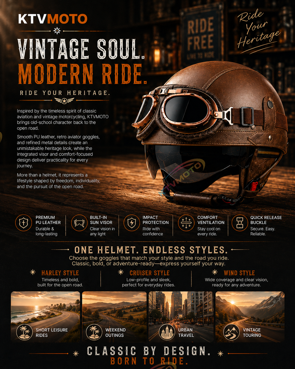 AviatorRide – Vintage PU Leather DOT Motorcycle Half Helmet with Goggles