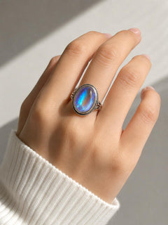 💎LunaGlow – Vintage Rainbow Moonstone Ring with Oval Cabochon Filigree Setting