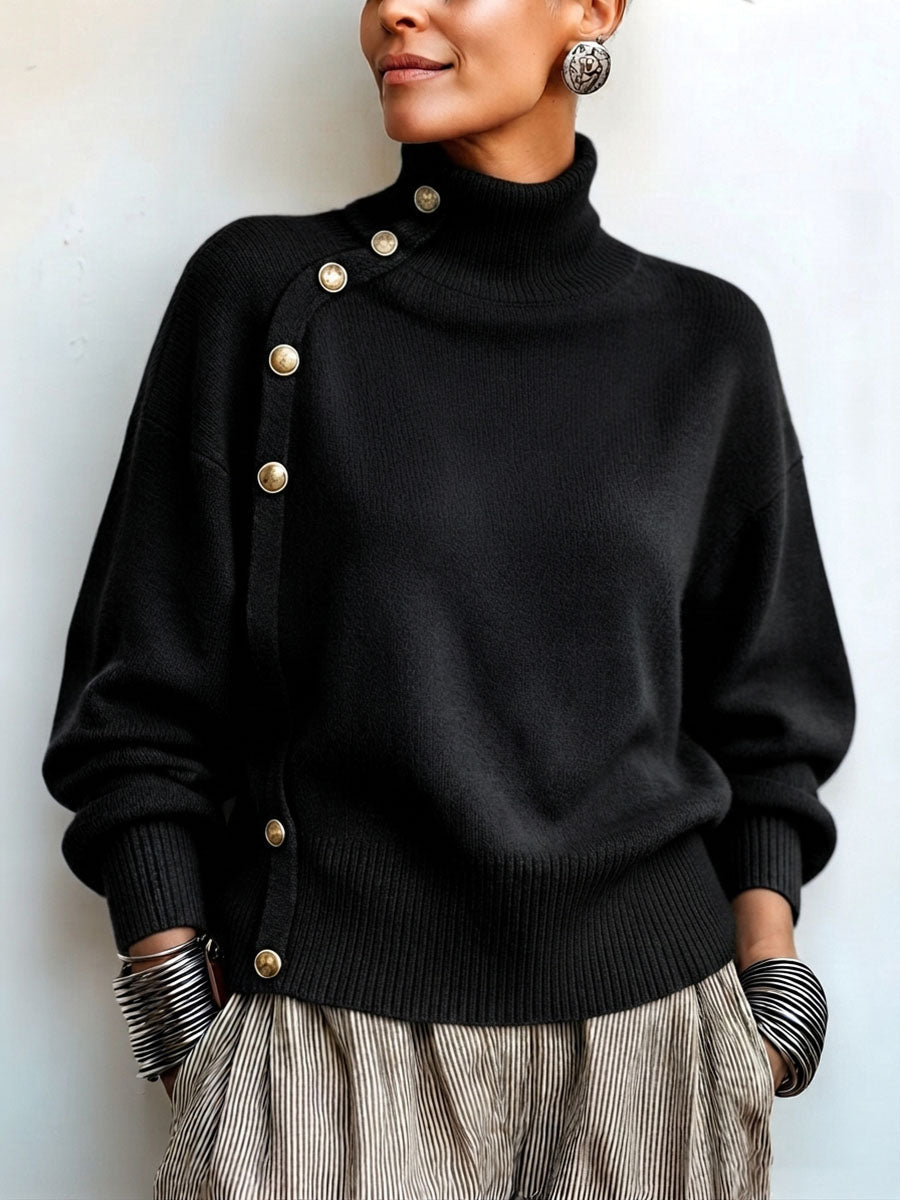 GoldDrape – 🤲 ⏰ Asymmetrical Gold-Button Knit Sweater