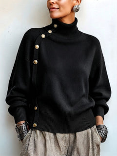 GoldDrape – 🤲 ⏰ Asymmetrical Gold-Button Knit Sweater