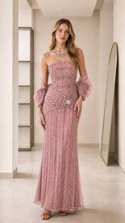 GlimmerGala – Embellished Strapless Evening Gown with Sheer Bolero