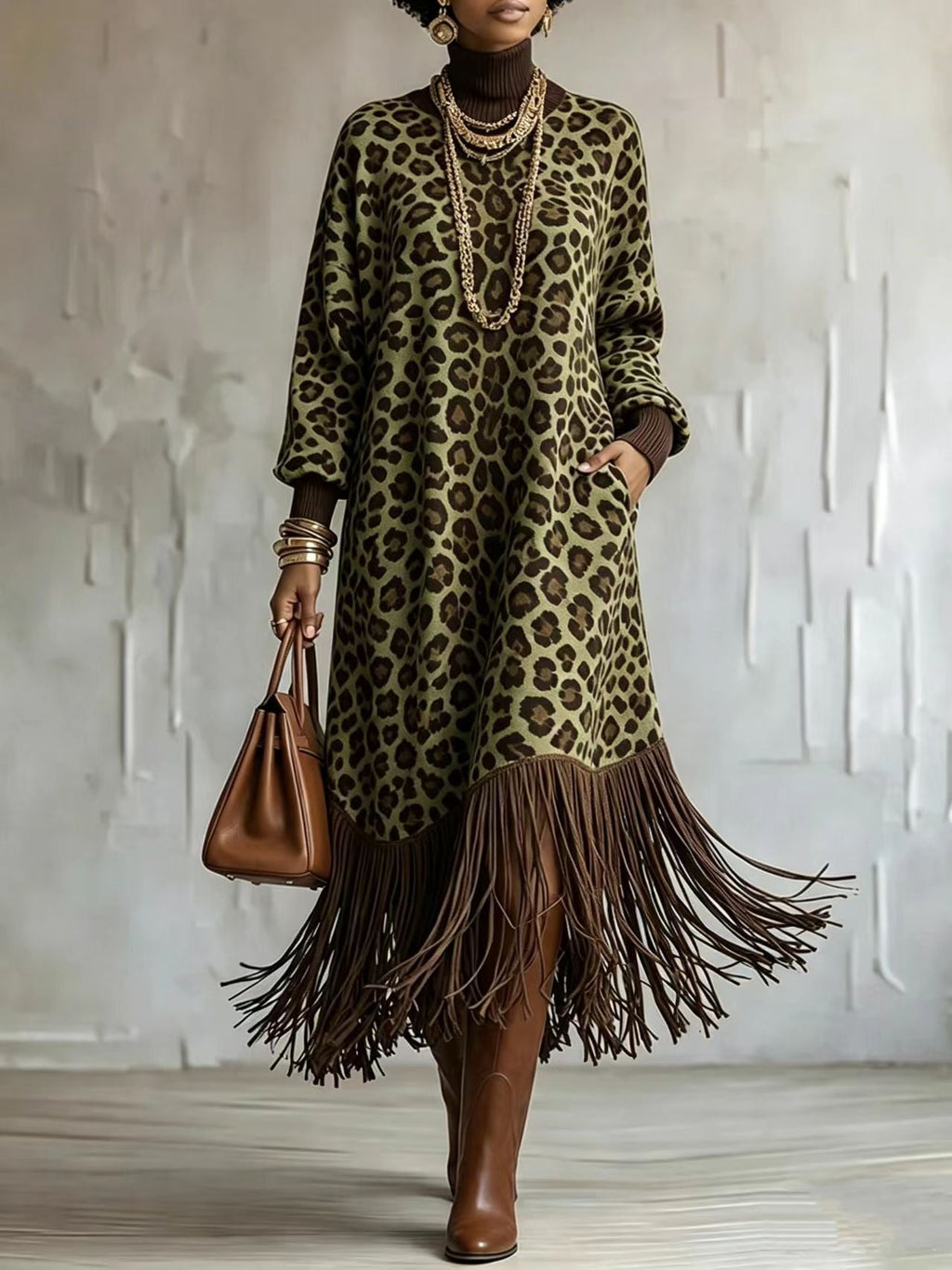WildFringe – Boho Leopard Print Fringe Dress with Long Sleeves