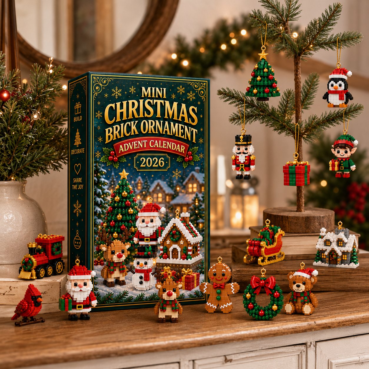 BrickNoel – ⏳🎄 24-Day Mini Christmas Brick Ornament Advent Calendar with Hanging Loops 🧱