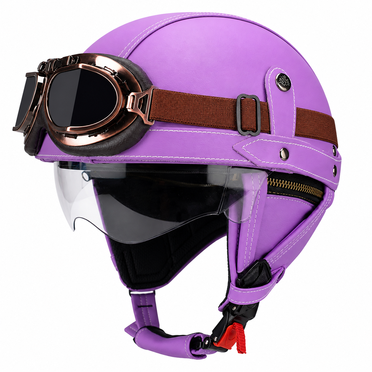 AviatorRide – Vintage PU Leather DOT Motorcycle Half Helmet with Goggles