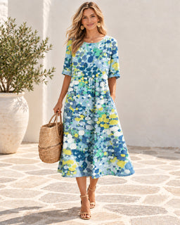BloomWash – Watercolor Floral Milk Silk Dress