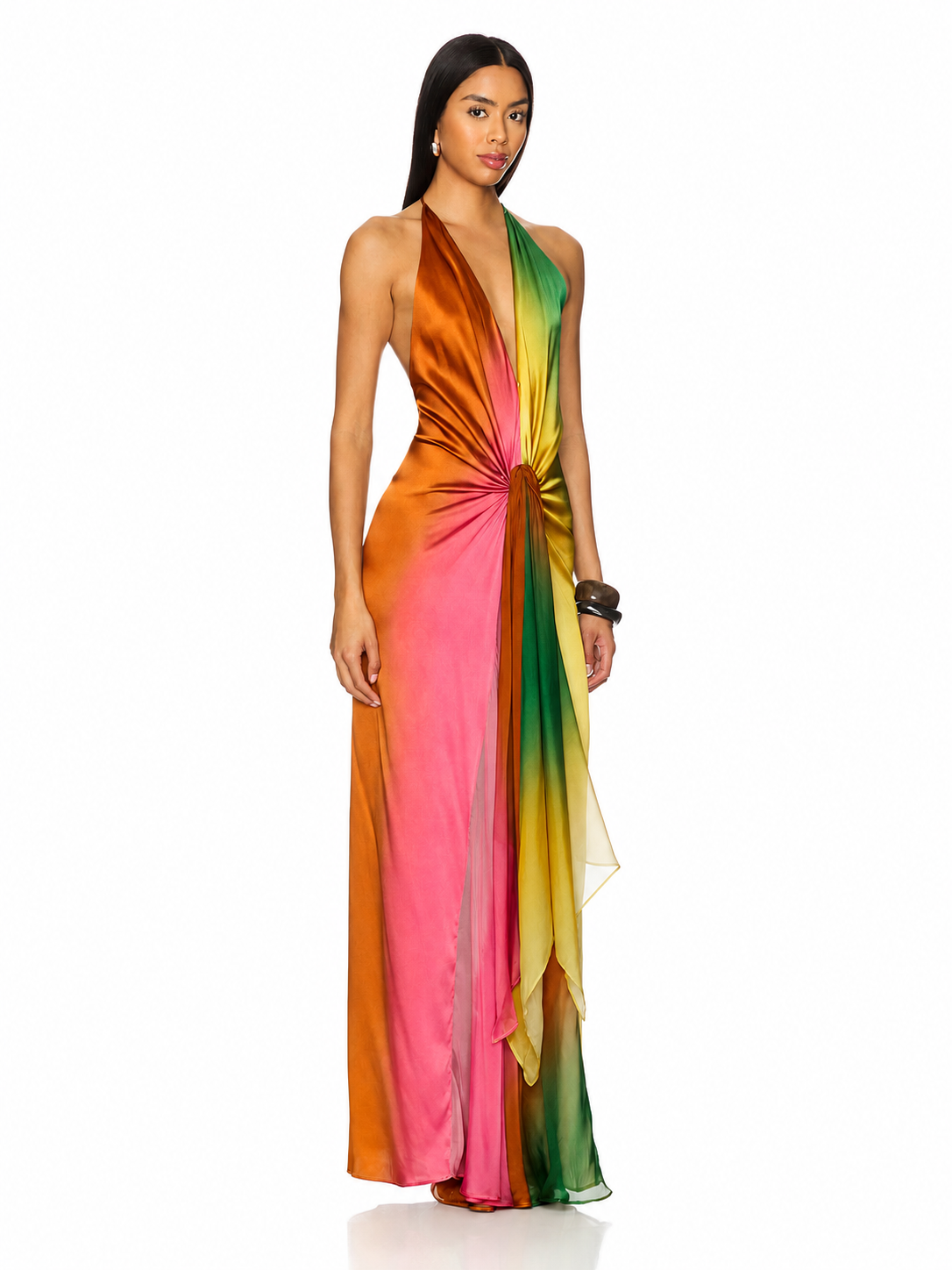 SunsetFlow – Ombre Satin Halter Maxi Dress