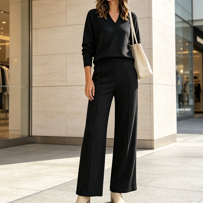 EaseLuxe – 👚Women's Casual V-Neck Top & Wide-Leg Pants Set