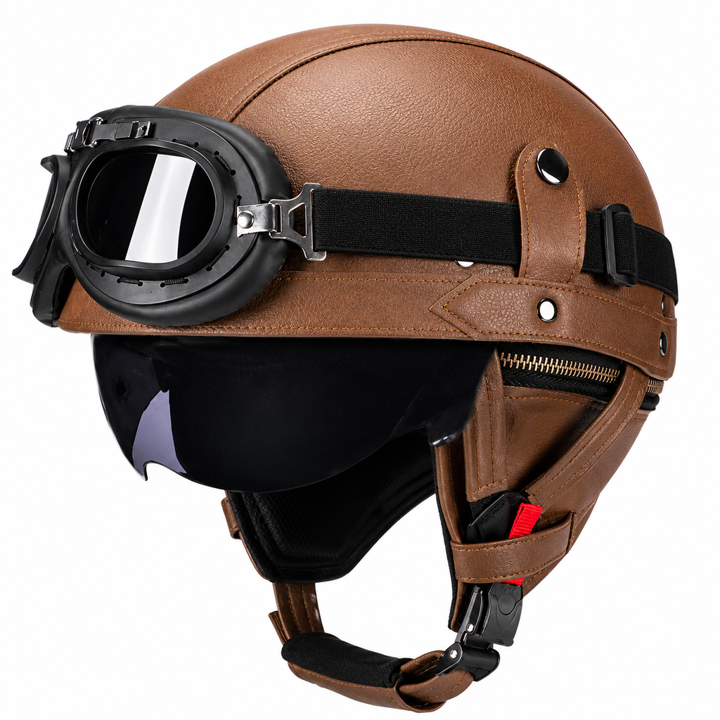 AviatorRide – Vintage PU Leather DOT Motorcycle Half Helmet with Goggles