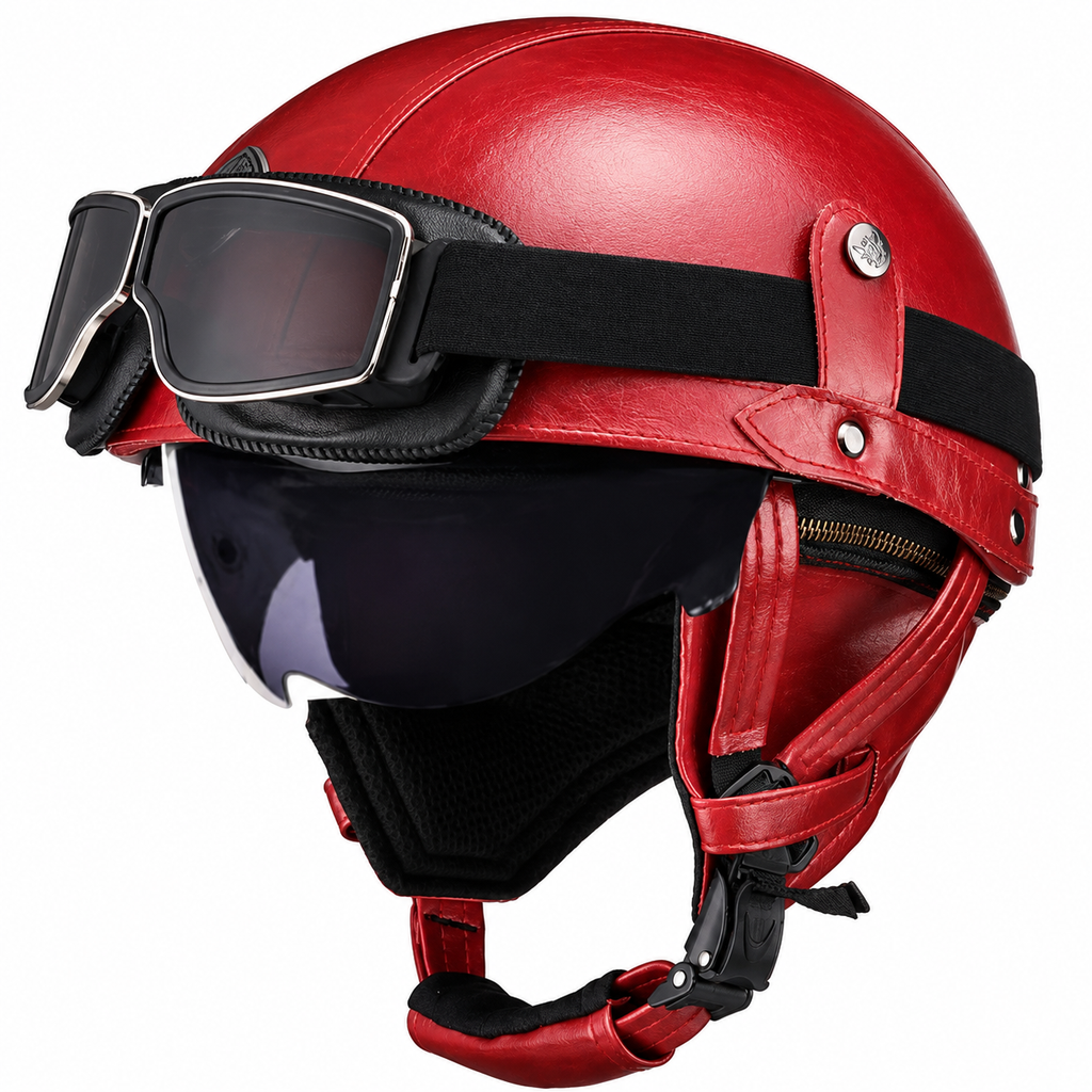 AviatorRide – Vintage PU Leather DOT Motorcycle Half Helmet with Goggles