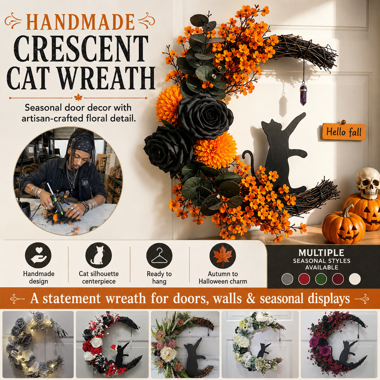 CrescentPurr – Handmade Halloween Cat Wreath🐈‍⬛🌙