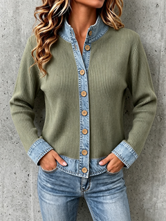 DenimEase – Women's Denim-Paneled Knit Cardigan