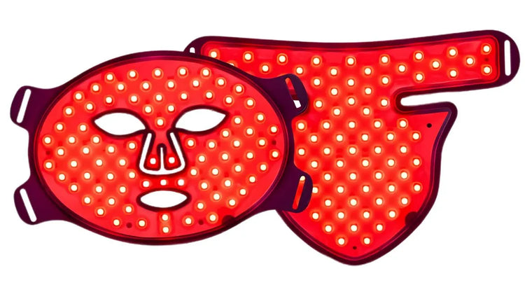Equinox Pro LED face and neck mask glowing red to target wrinkles and fine lines