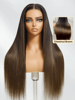 ChestnutGlide – Ombre Chestnut Brown Yaki Straight 7x5 Glueless Human Hair Wig with Drawstring