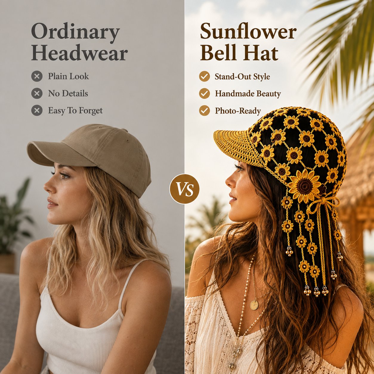 SunflowerChime – Handmade Crochet Tassel Bell Hat
