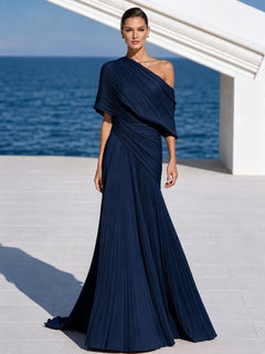 DrapeGala – One Shoulder Pleated Evening Gown