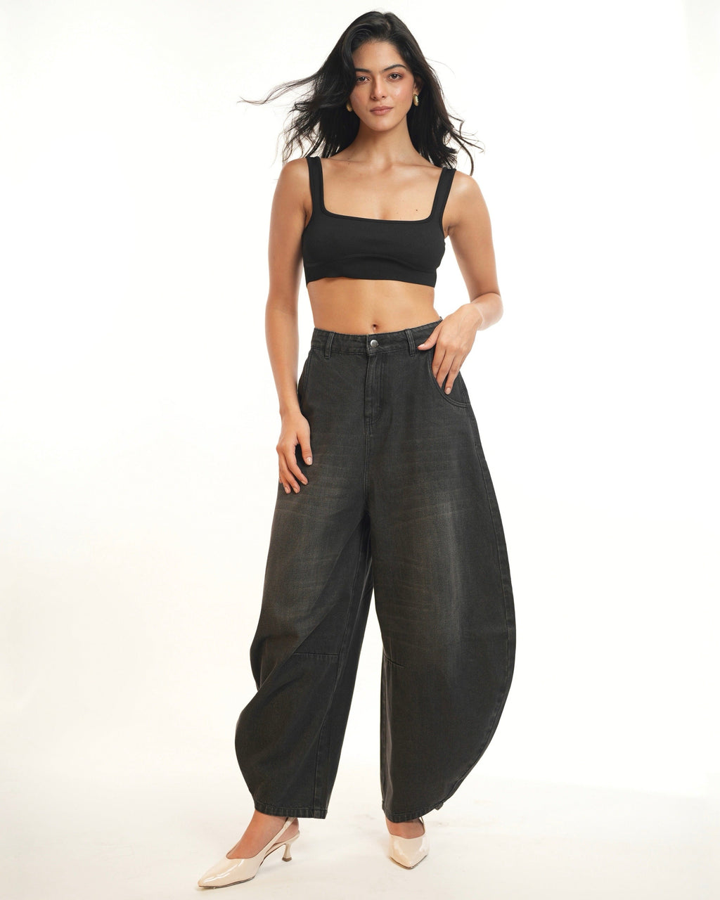 BarrelBloom – High-Rise Barrel Cut Wide-Leg Denim