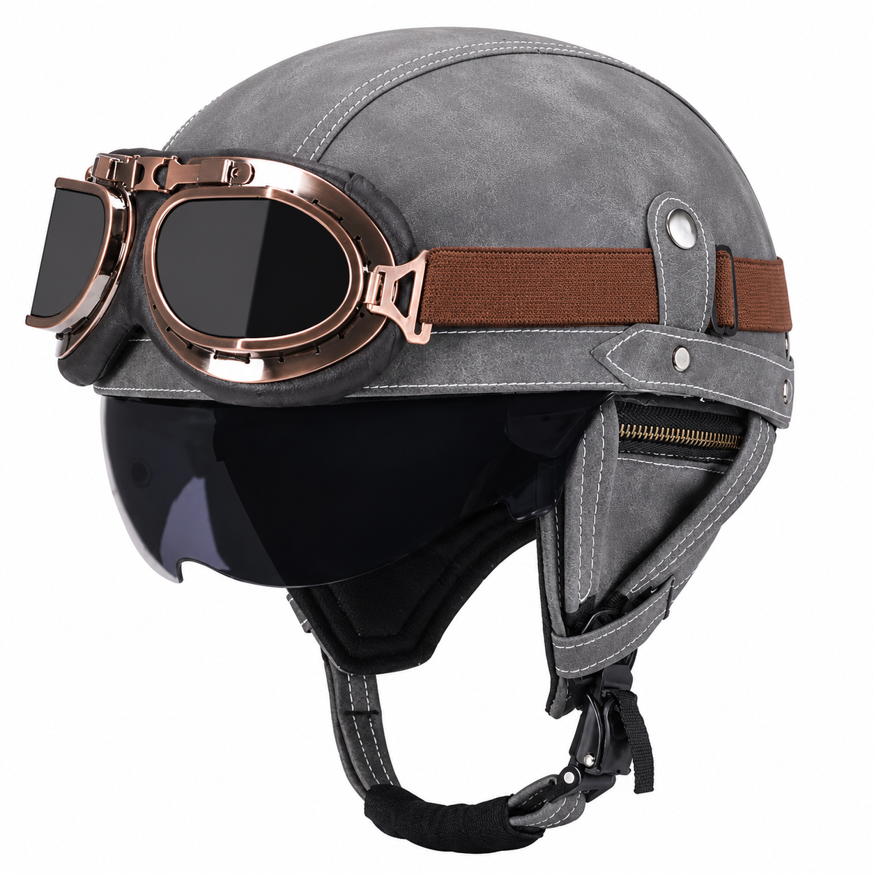 AviatorRide – Vintage PU Leather DOT Motorcycle Half Helmet with Goggles