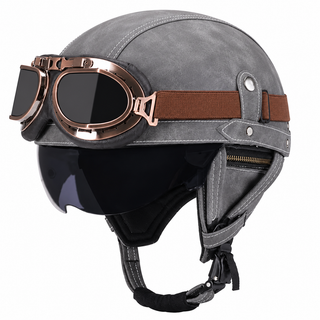 AviatorRide – Vintage PU Leather DOT Motorcycle Half Helmet with Goggles