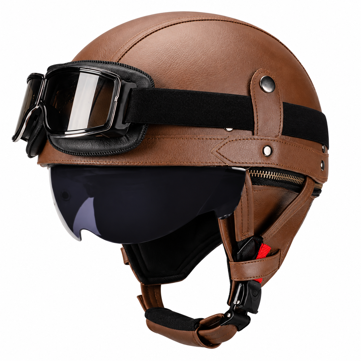 AviatorRide – Vintage PU Leather DOT Motorcycle Half Helmet with Goggles