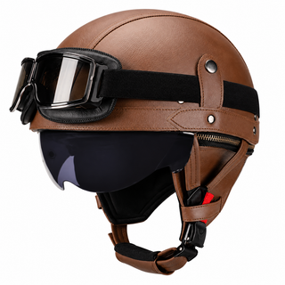 AviatorRide – Vintage PU Leather DOT Motorcycle Half Helmet with Goggles