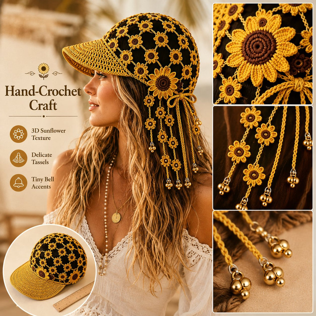 SunflowerChime – Handmade Crochet Tassel Bell Hat