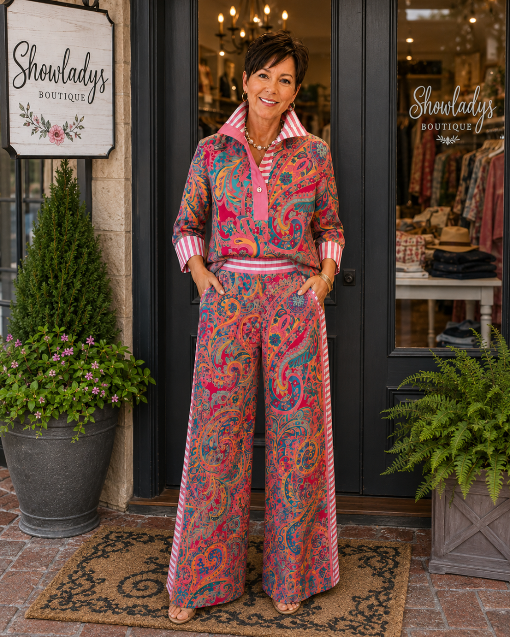 PaisleyPop Set – Contrast-Stripe Paisley Blouse & Wide-Leg Trouser Two-Piece