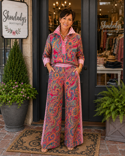 PaisleyPop Set – Contrast-Stripe Paisley Blouse & Wide-Leg Trouser Two-Piece