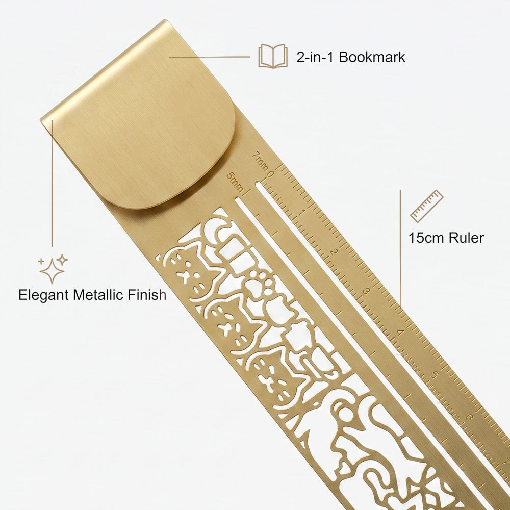 PurrMark – Hollow Cat Brass Bookmark & 15cm Ruler