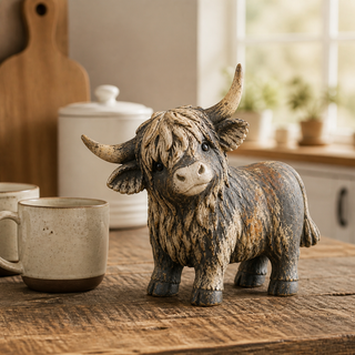 🐮 CuriousCoo – Rustic Highland Cow Figurine for Charming Farmhouse Tabletop Decor