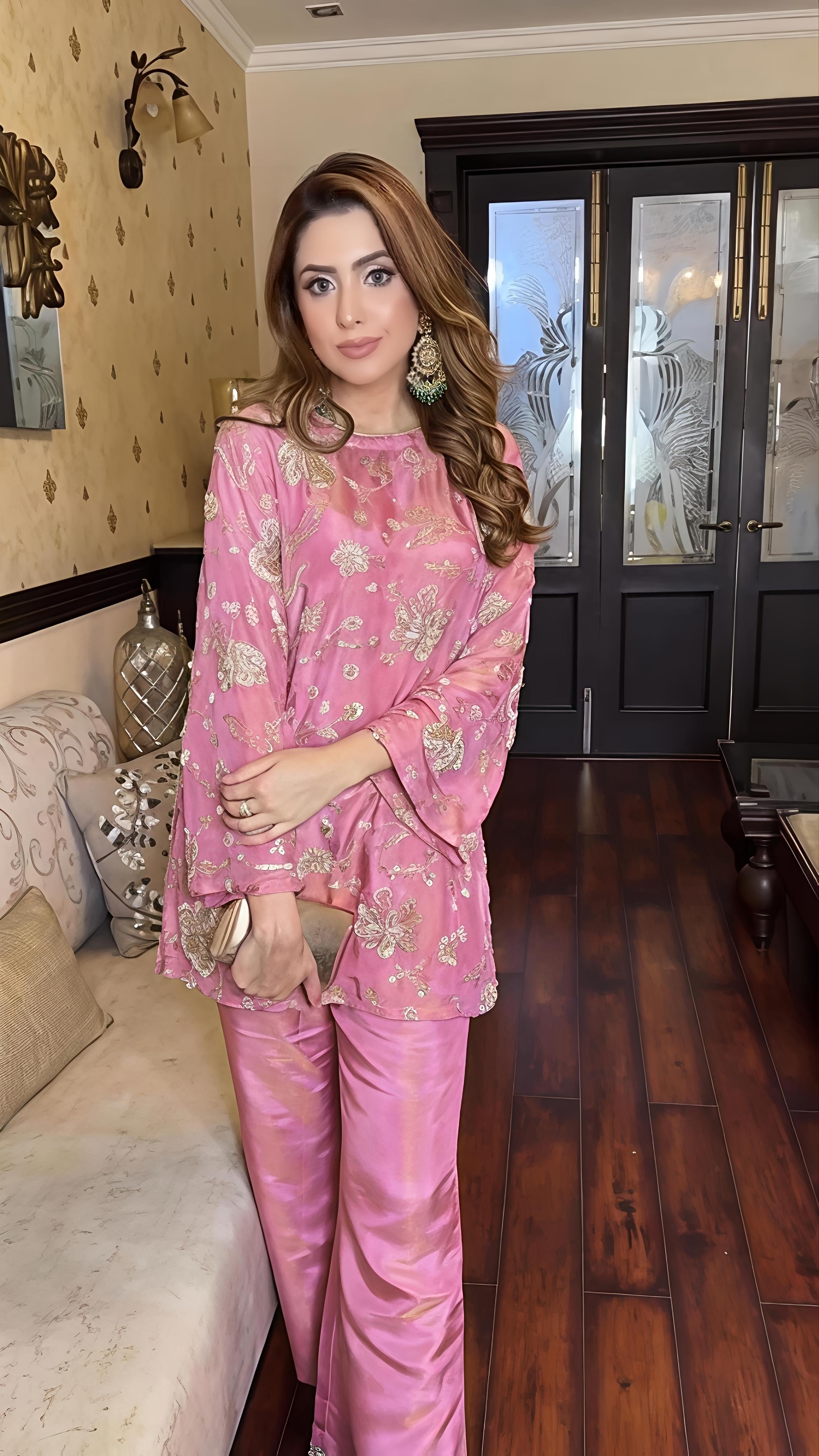 RoseLustre – Rose Pink Viscose Tissue Beadwork Co-ord Set