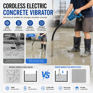 VibraCrete – Cordless Electric Concrete Vibrator with 400W Brushless Motor and 3.3 ft (1 m) Vibrating Rod