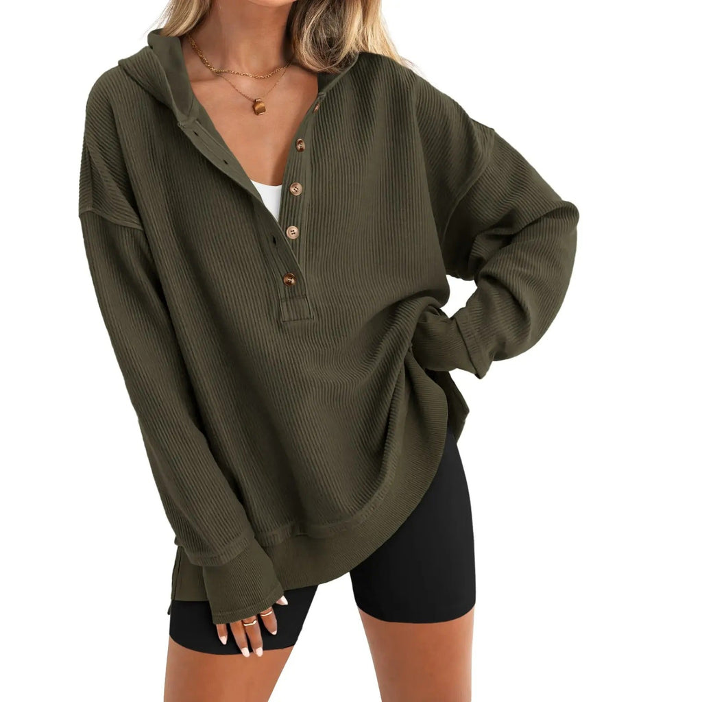 LayerEase – Women’s Oversized Button V-Neck Hoodie with Side Slits