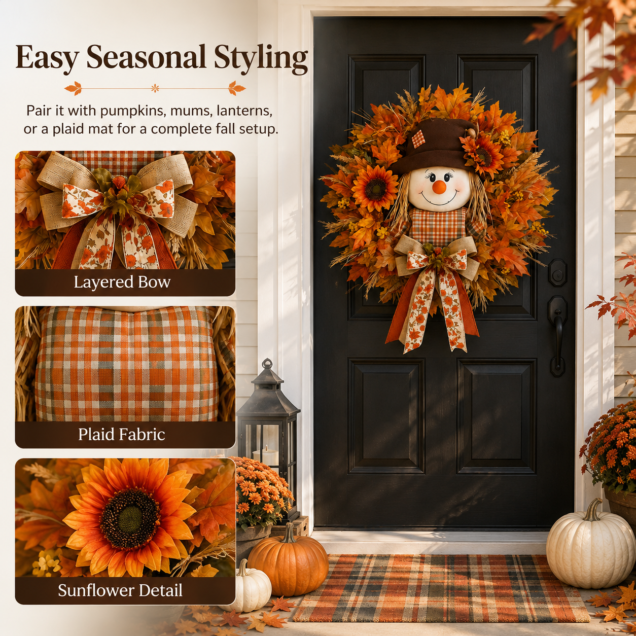 HarvestGlow – Lighted Scarecrow Fall Wreath