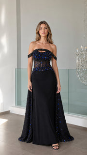 LuminaGrace – Off-the-Shoulder Beaded Evening Gown with Sheer Corset Bodice