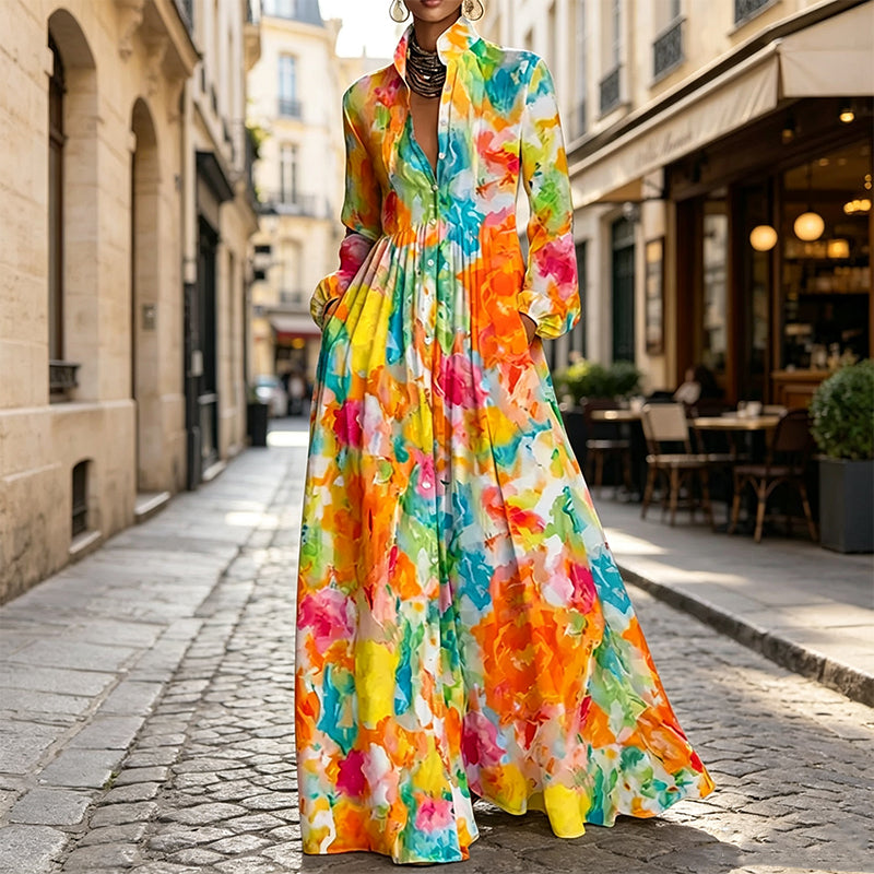 CanvasFlow – Women's Artistic Print Long-Sleeve Maxi Dress