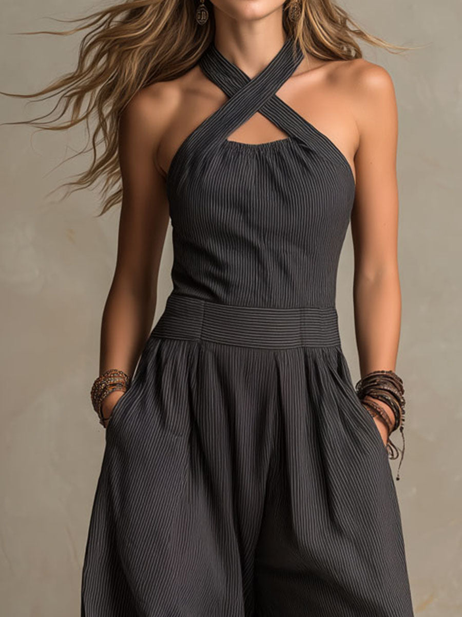 StripeFlow – Crisscross Halter Pinstripe Wide-Leg Jumpsuit