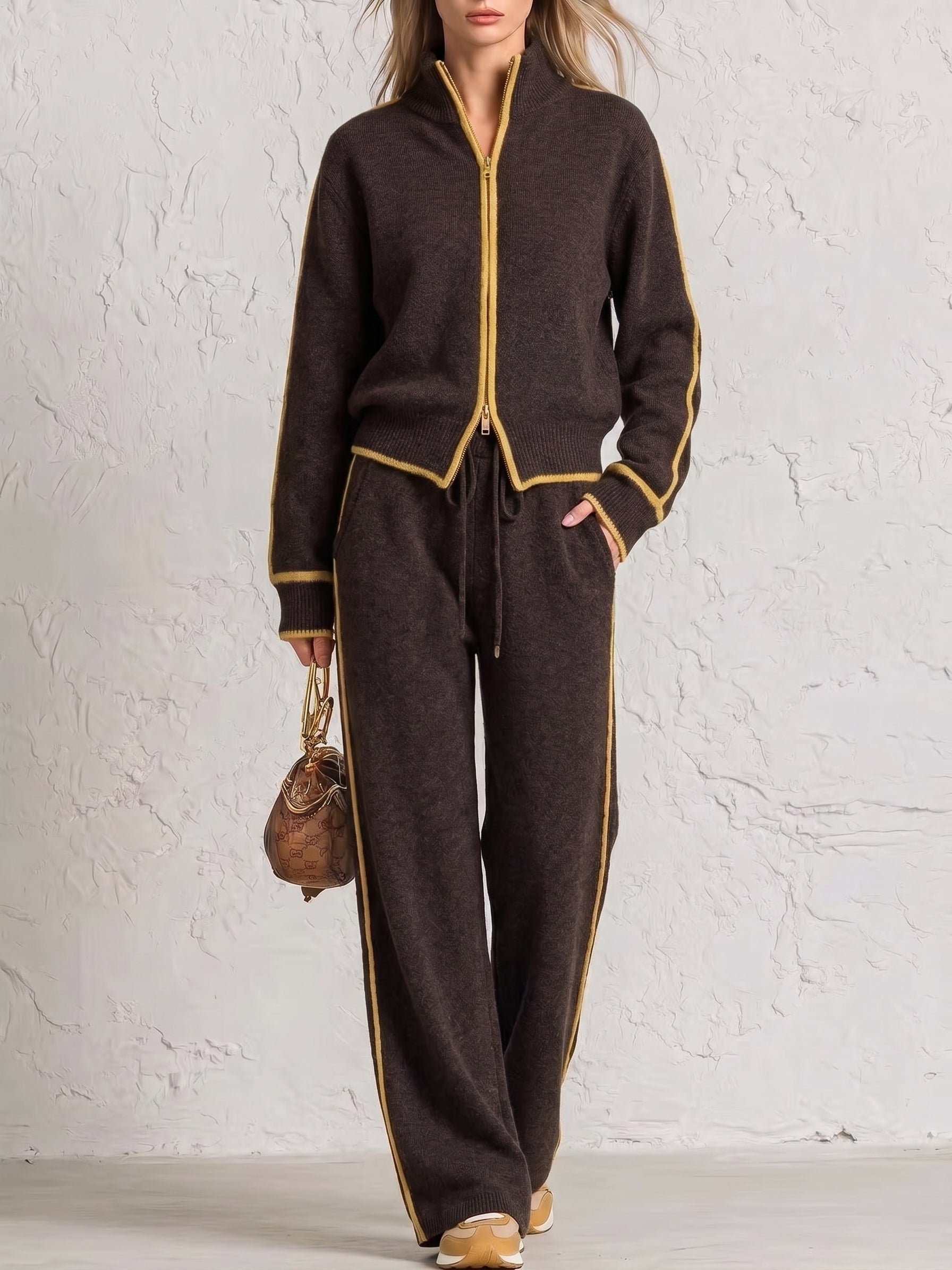KnitEase – 🤲⏰ Textured Knit Two-Piece Set with Free Handbag