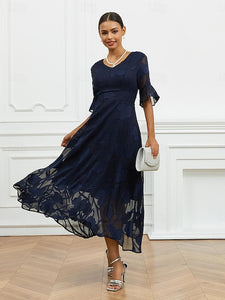 Women's Maxi Dress Semi Formal Dress A Line Dress Elegant Work Birthday Flutter Sleeve Wedding Guest Cocktail Party Formal Evening Regular Fit Solid Color Plain Half Sleeve V Neck Black Pink Red Green
