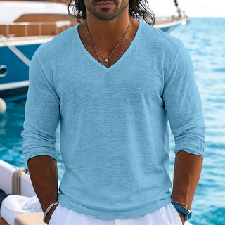 Men's Tee Top Linen T-Shirt Long Sleeve V Neck Spring & Summer Summer Spring Solid Color Plain Textured Daily Casual Street Style Plain Casual Outdoor Street Blue White Lake blue Top Tee for Men