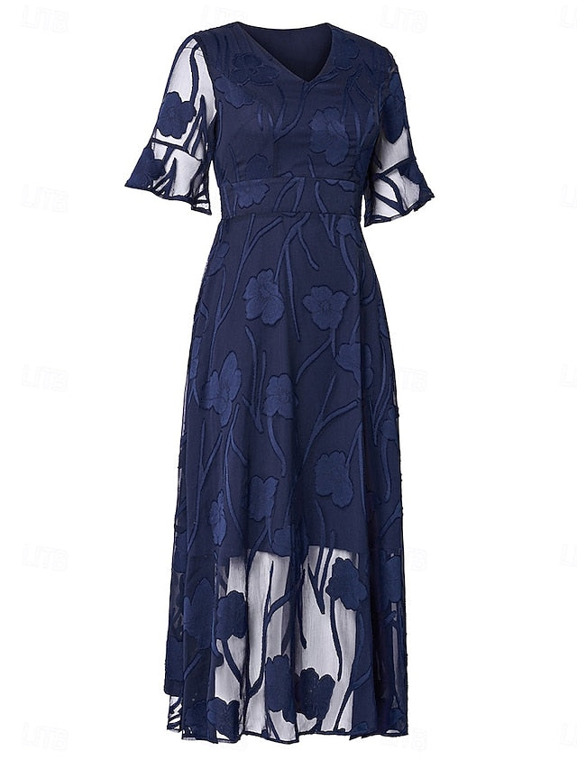 Women's Maxi Dress Semi Formal Dress A Line Dress Elegant Work Birthday Flutter Sleeve Wedding Guest Cocktail Party Formal Evening Regular Fit Solid Color Plain Half Sleeve V Neck Black Pink Red Green