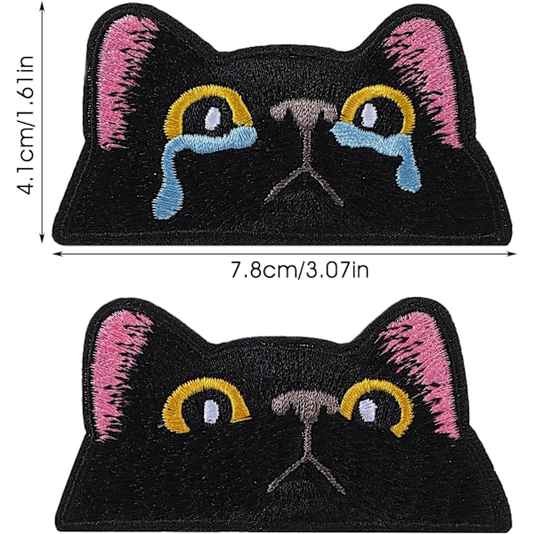 Set med 2 Katt Stryk På Märken för Kläder Broderad Applikation Svart Söt Märke Sy På Gråtande Katt Emblem DIY Hantverk för Väskor Ryggsäckar Hattar Dekoration