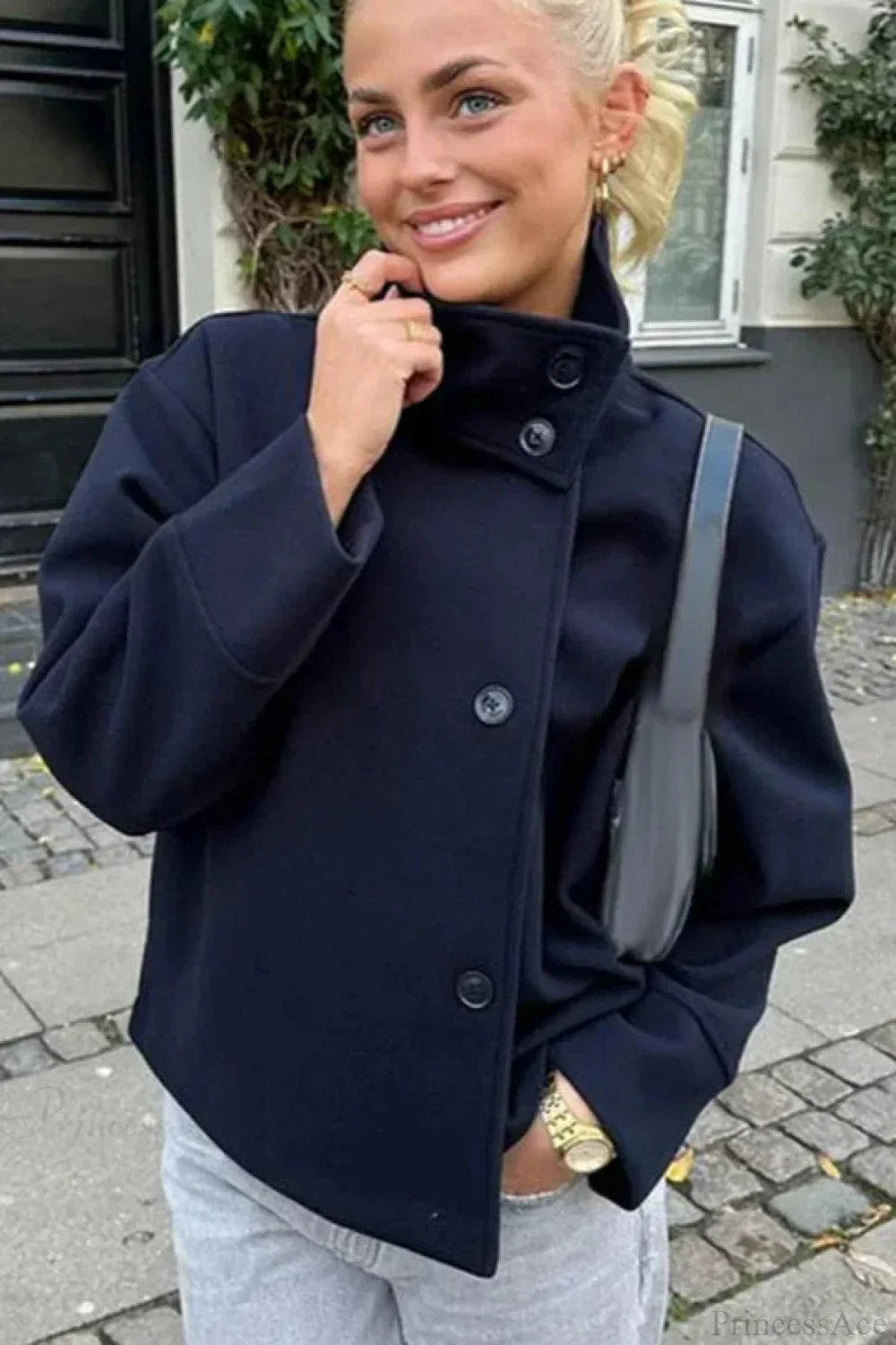 Short Woolen Casual Lapel Overcoat Black / S
