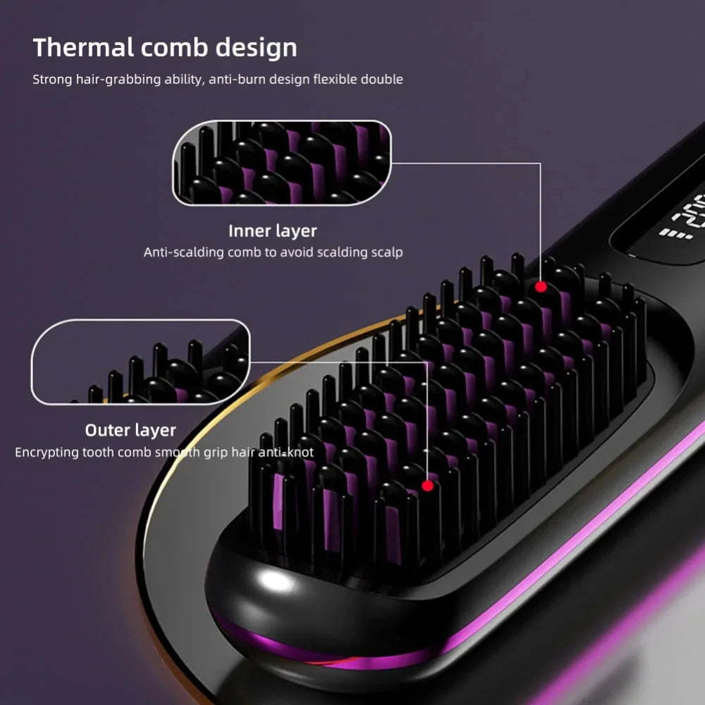 SleekWave Hair Straightening Brush with advanced thermal comb design showing anti-scald bristles and tangle-free smooth styling
