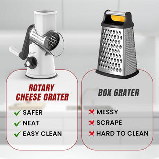 Side-by-side comparison of rotary cheese grater and box grater with pros and cons listed, kitchen background.