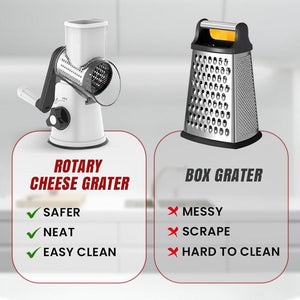 Red rotary manual grater with interchangeable stainless steel drums on kitchen table