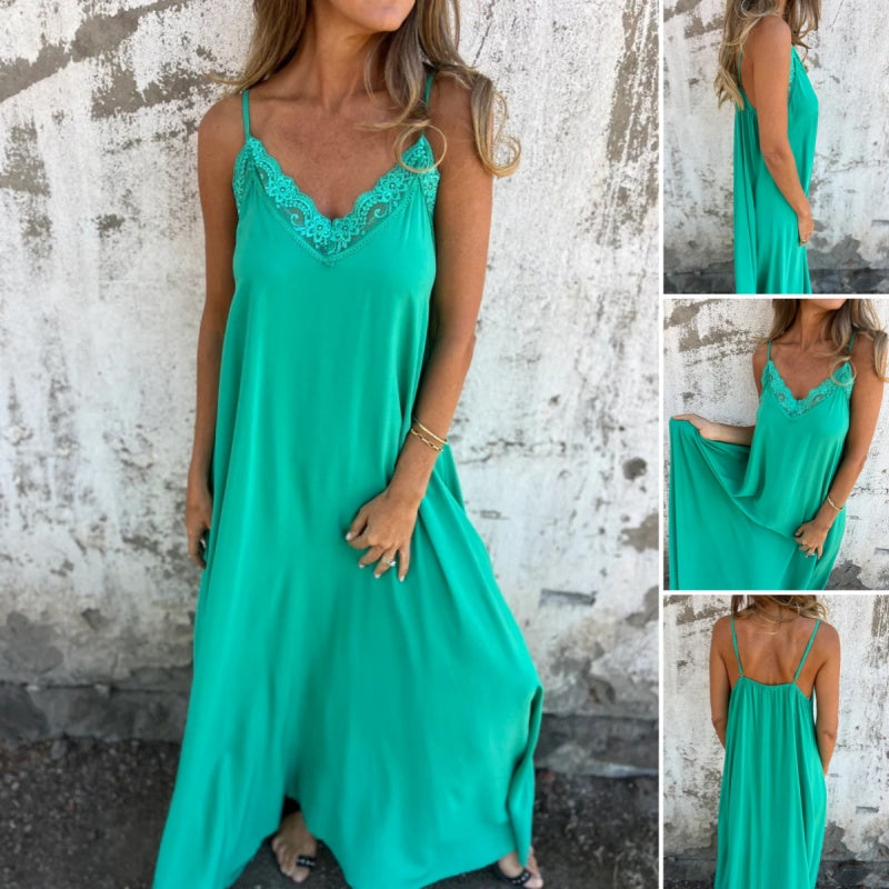 SilkPetal – Lace Trim Spaghetti Strap Maxi Dress