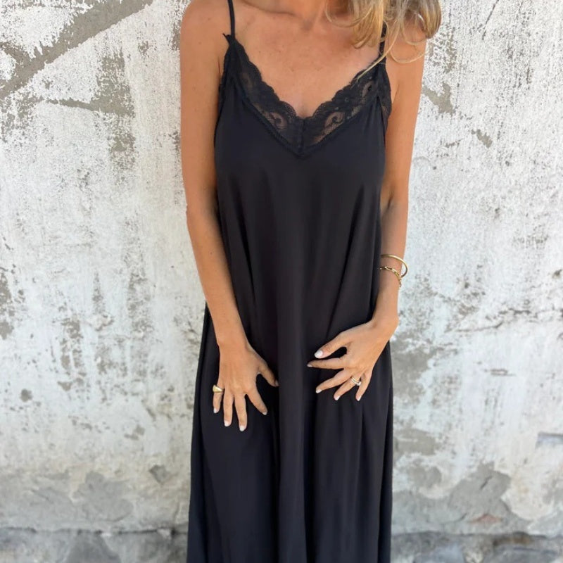 SilkPetal – Lace Trim Spaghetti Strap Maxi Dress