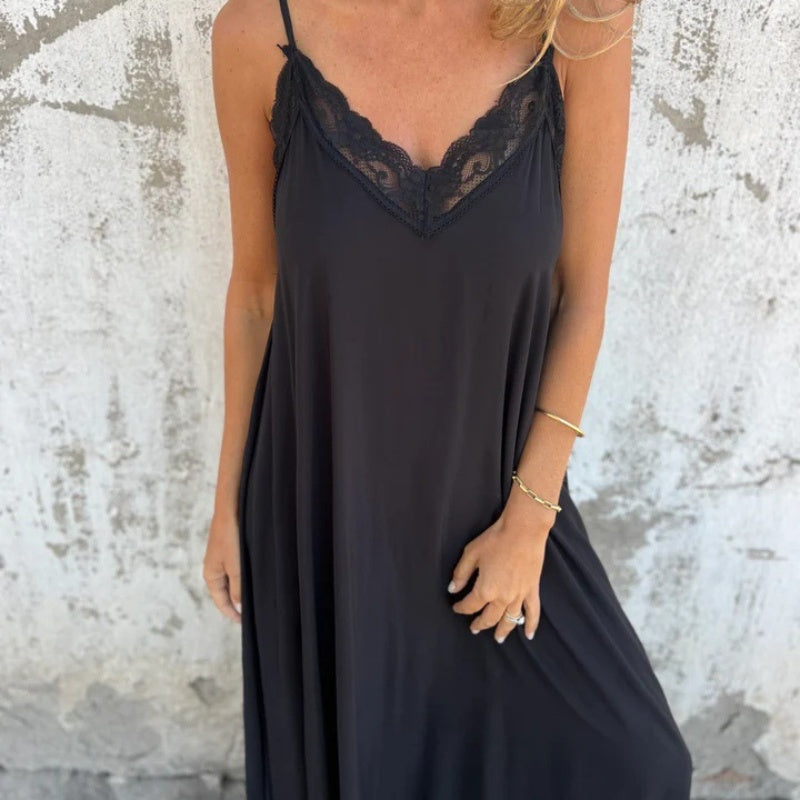 SilkPetal – Lace Trim Spaghetti Strap Maxi Dress