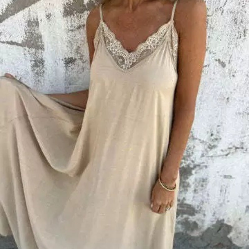 SilkPetal – Lace Trim Spaghetti Strap Maxi Dress