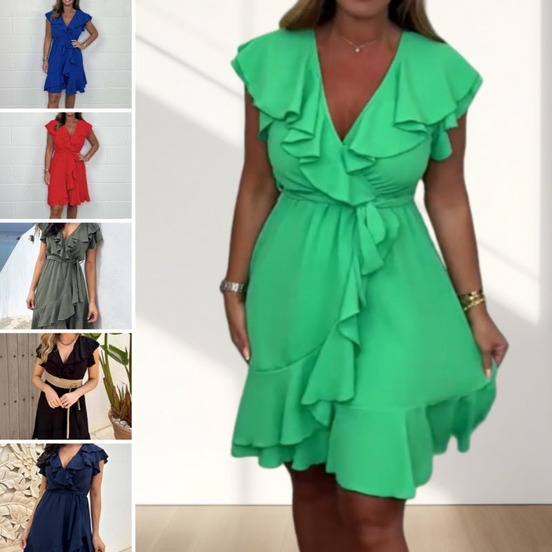RuffleGrace - Elegant V-Neck Waist Tie Dress